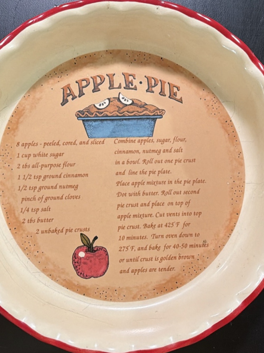 Cream and Red Apple Pie Ceramic Pie Plate - Classic Kitchen Bakeware